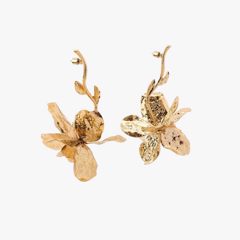 Zara Gold Textured Flower & Stem Earrings NWT - Picture 5 of 9